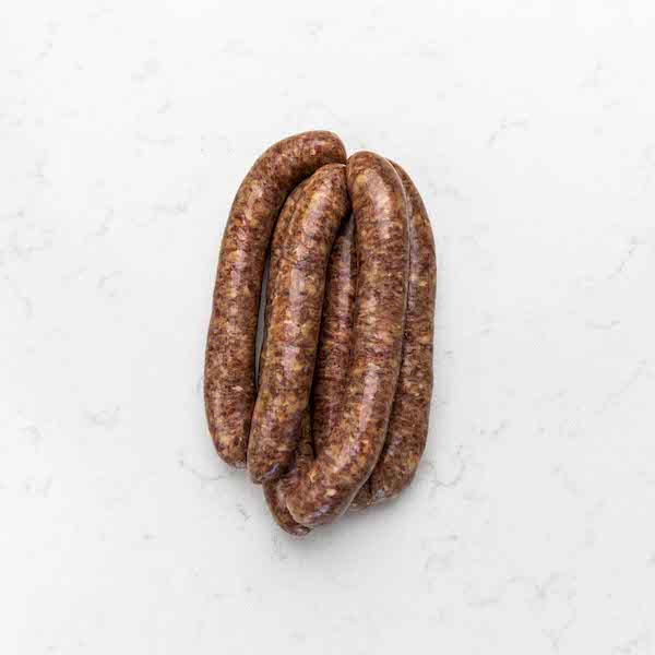 Grass fed grain free, gluten free, preservative free beef sausages.